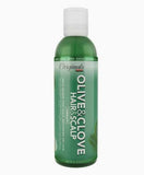 Green bottle of Olive & Clove hair and scalp treatment on a white background