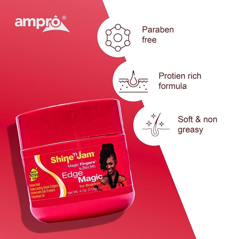 Ampro Shine ’n Jam Magic Fingers Extra Firm Hold 113 / 227 / 454 g – Braiders & Edge Control Gel